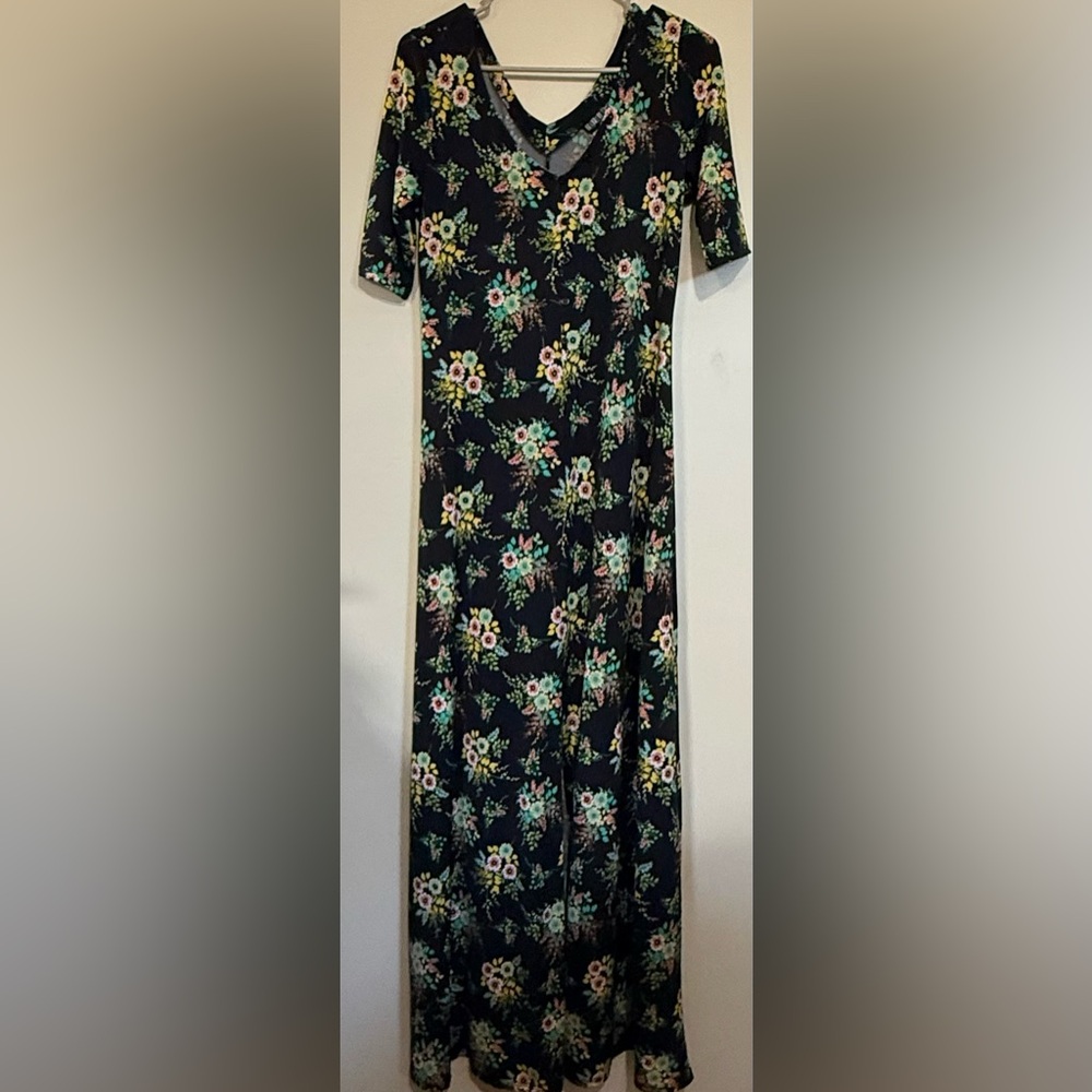 paper doll Black Floral Maxi Dress with Green and Yellow Accents